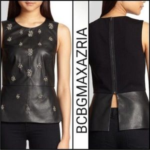 NWOT‼️BCBGMaxAzria “Beatrice” Jeweled Faux Leather Top -XS Black